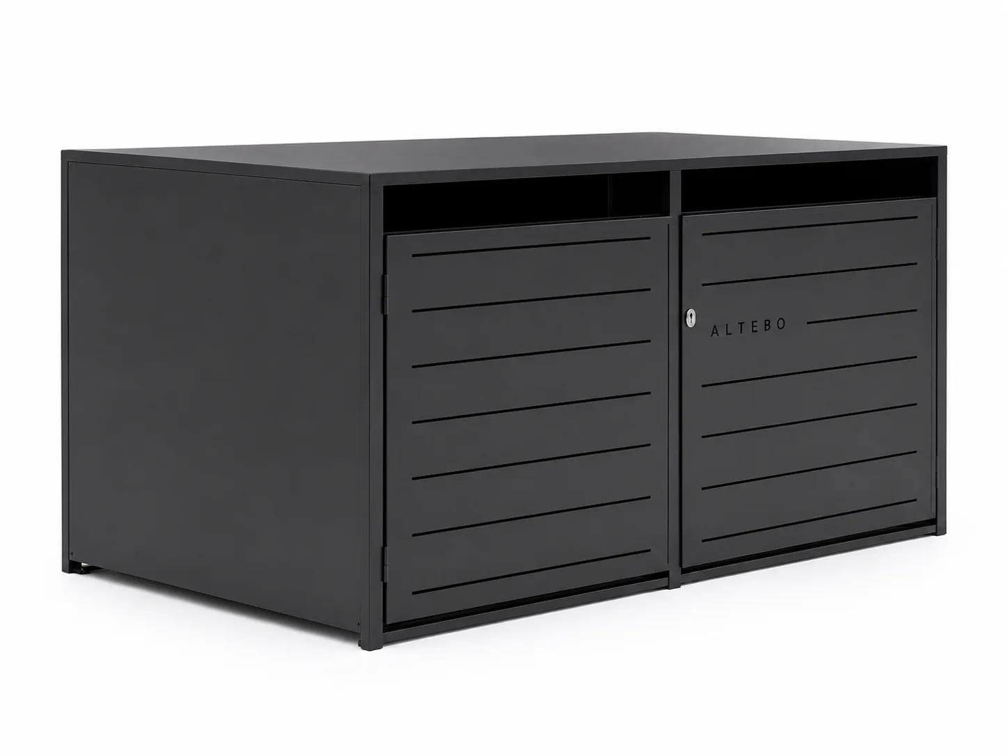 ALTEBO BikeBox 2 in black steel, three-quarter view showing the 1300 mm depth and the inclined roof