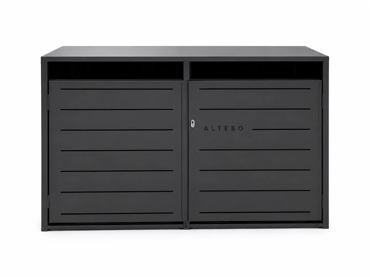 ALTEBO BikeBox 2 in powder-coated black steel, straight front view with both doors closed