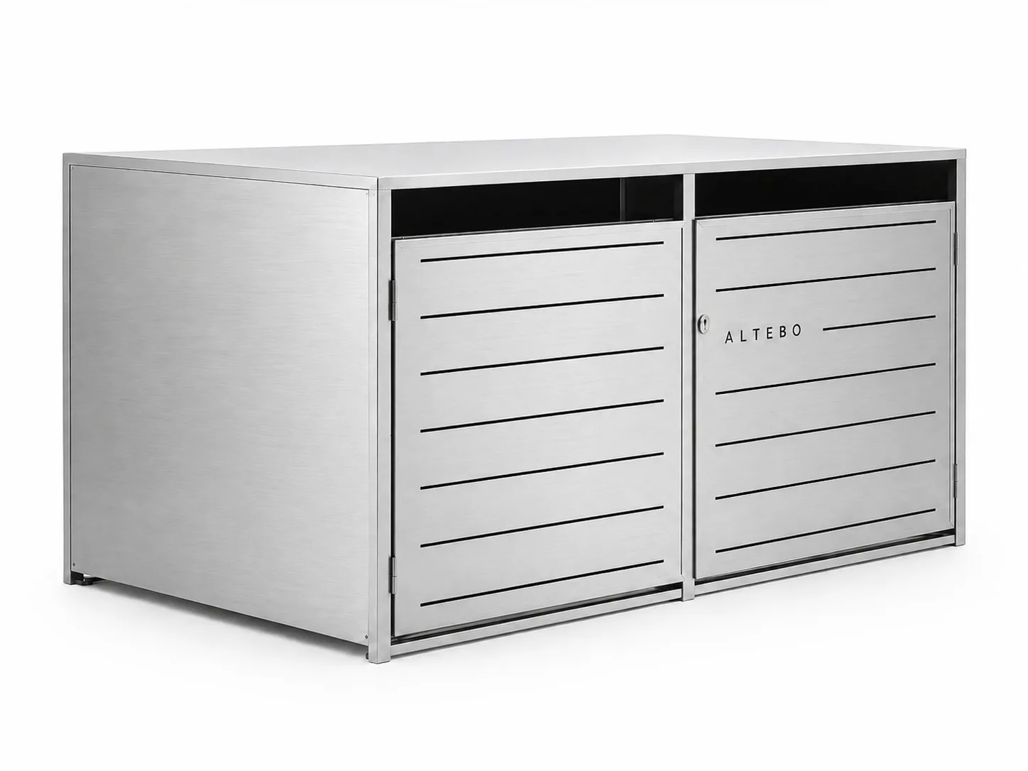 ALTEBO BikeBox 2 in stainless steel, three-quarter view showing external hinges and welded body