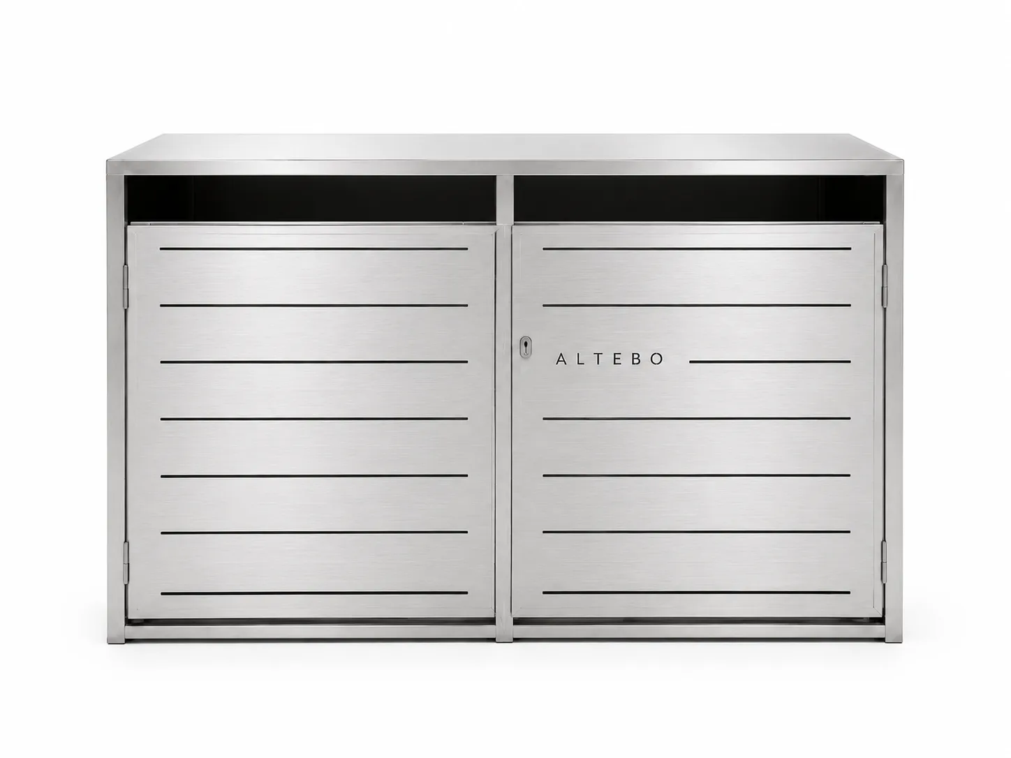 ALTEBO BikeBox 2 in brushed AISI 304 stainless steel, straight front view with lockable double doors