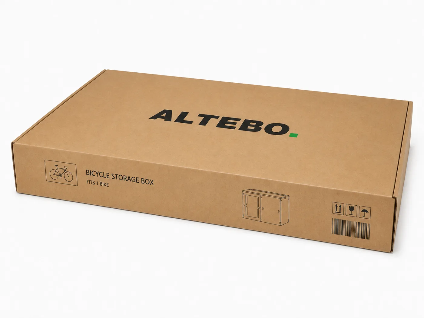 ALTEBO-branded flat-pack carton for a bicycle storage box, printed with the product name and handling icons