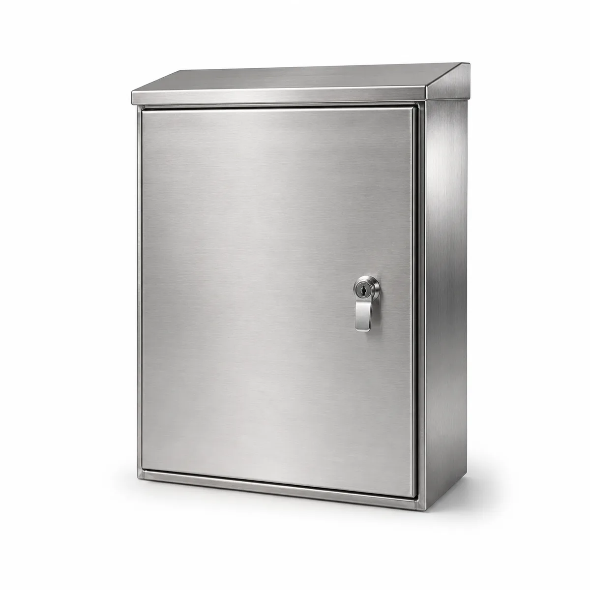 Compact stainless steel wall-mounted control panel with inclined top and keyed latch