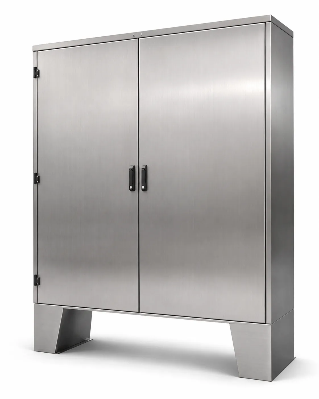 Double-door stainless steel industrial control cabinet on a plinth with shaped supports