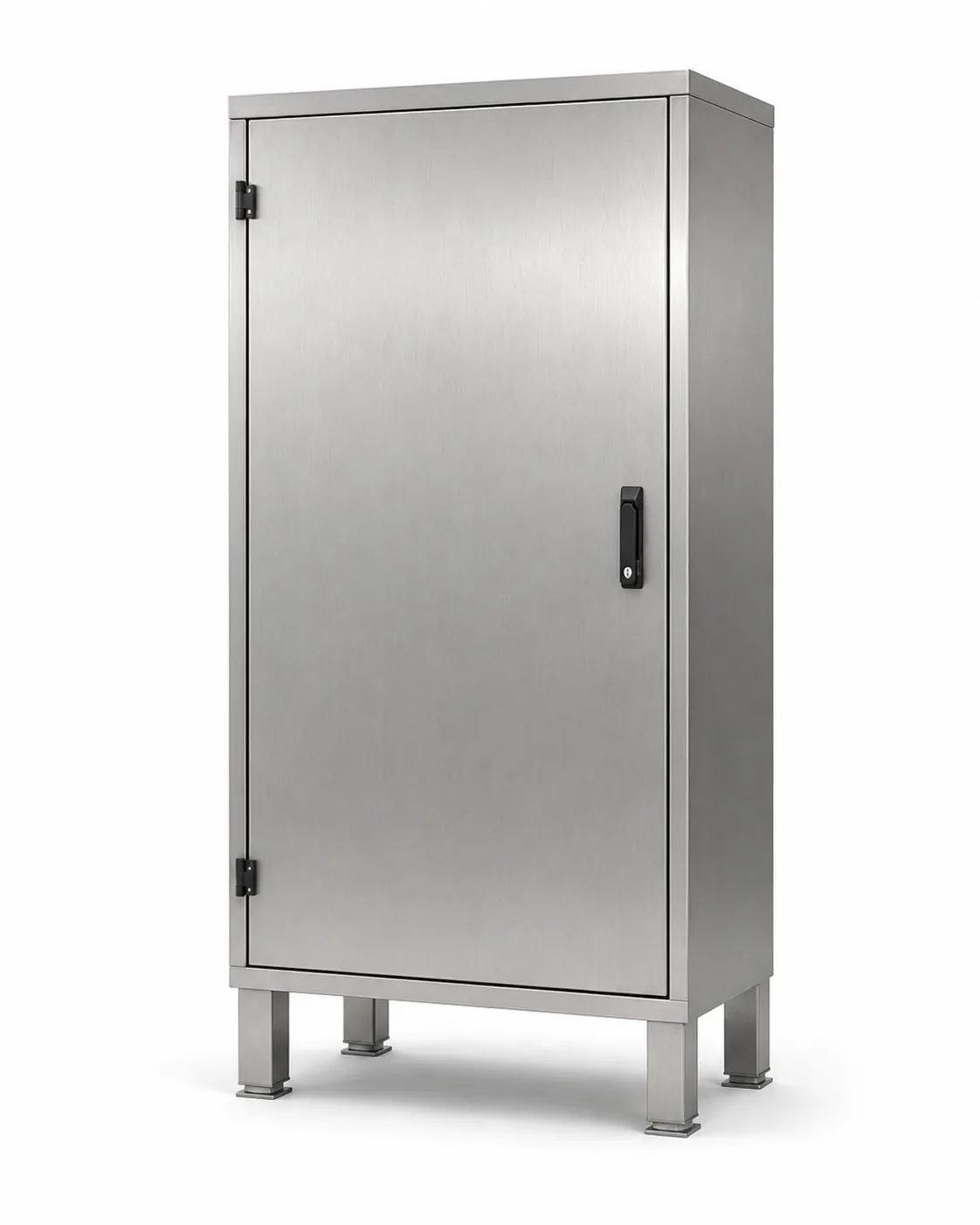 Floor-standing stainless steel control cabinet on adjustable feet with a single lockable door
