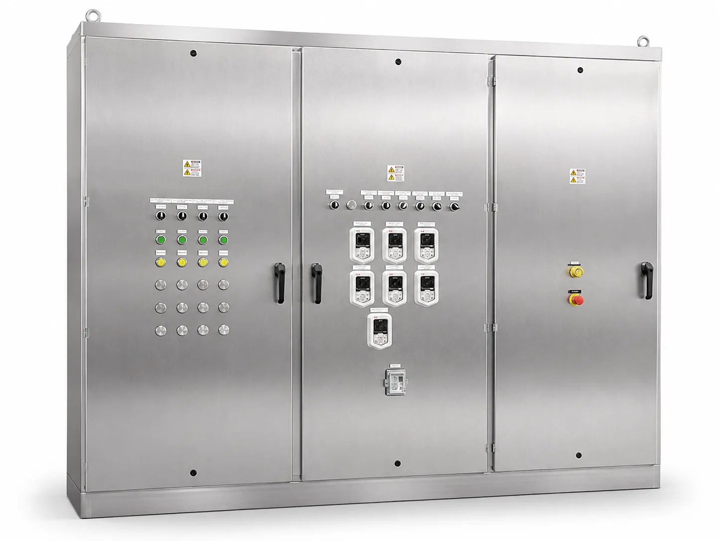 Three-bay stainless steel factory control system, front view with selector switches, status lamps, drive keypads and emergency stop