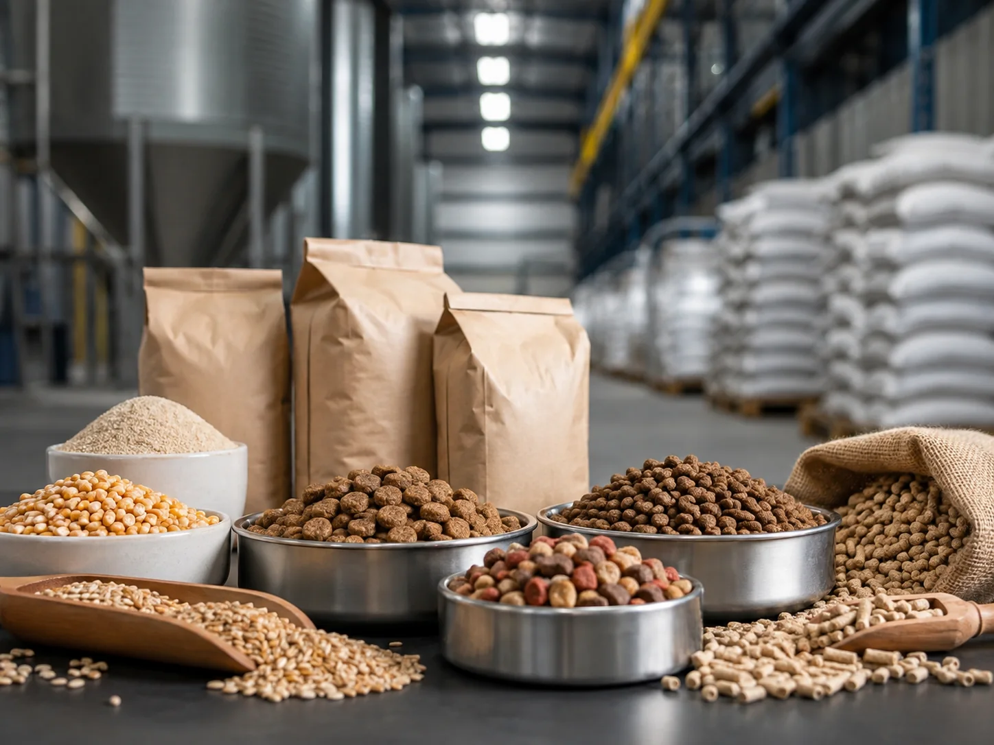 Aliments granulés, céréales et prémélanges près de silos de stockage et de sacs conditionnés