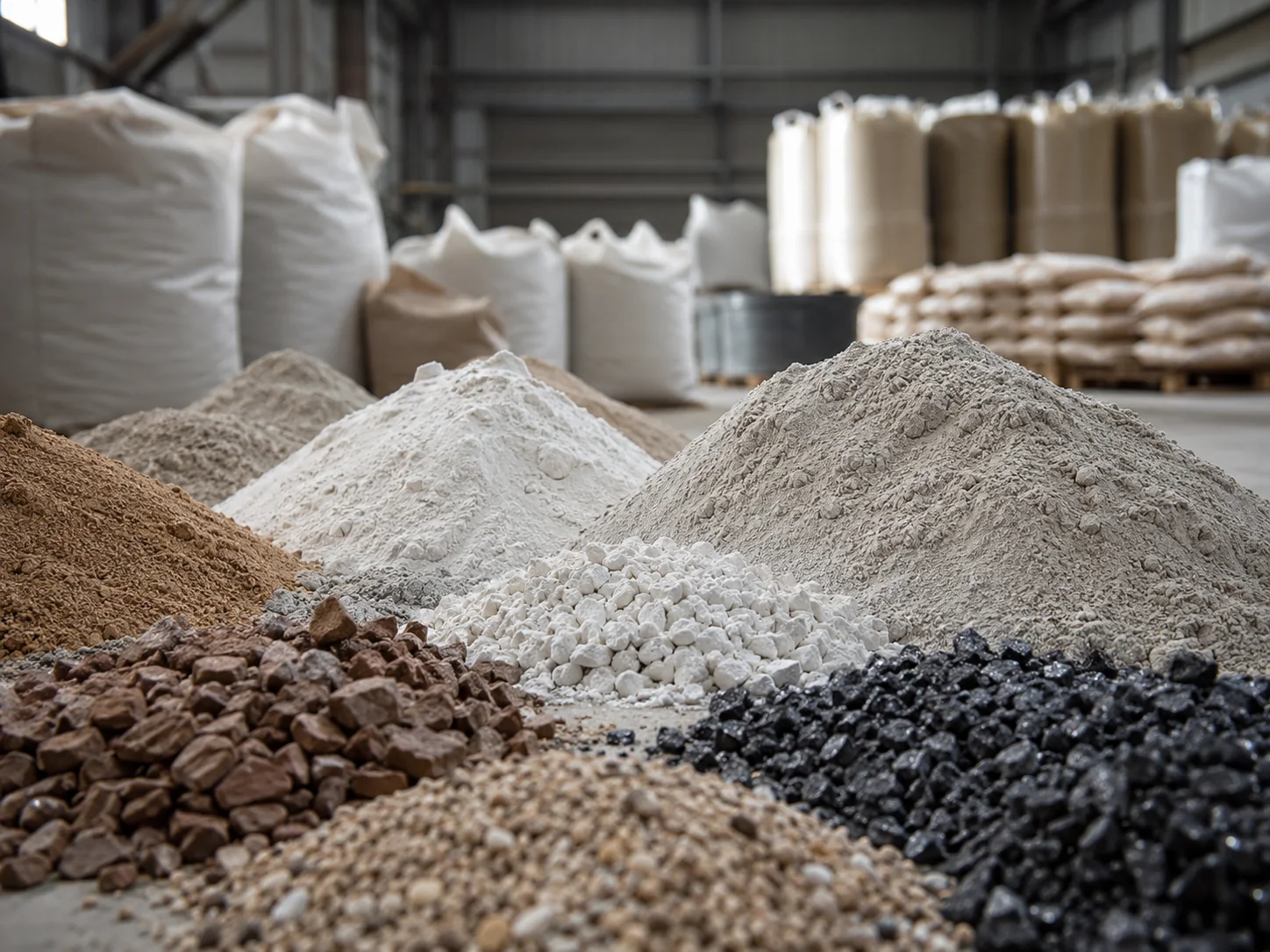 Tone, Kaolin, gemahlene Mineralien und Schleifmittel, mit Big Bags in einer Lagerhalle