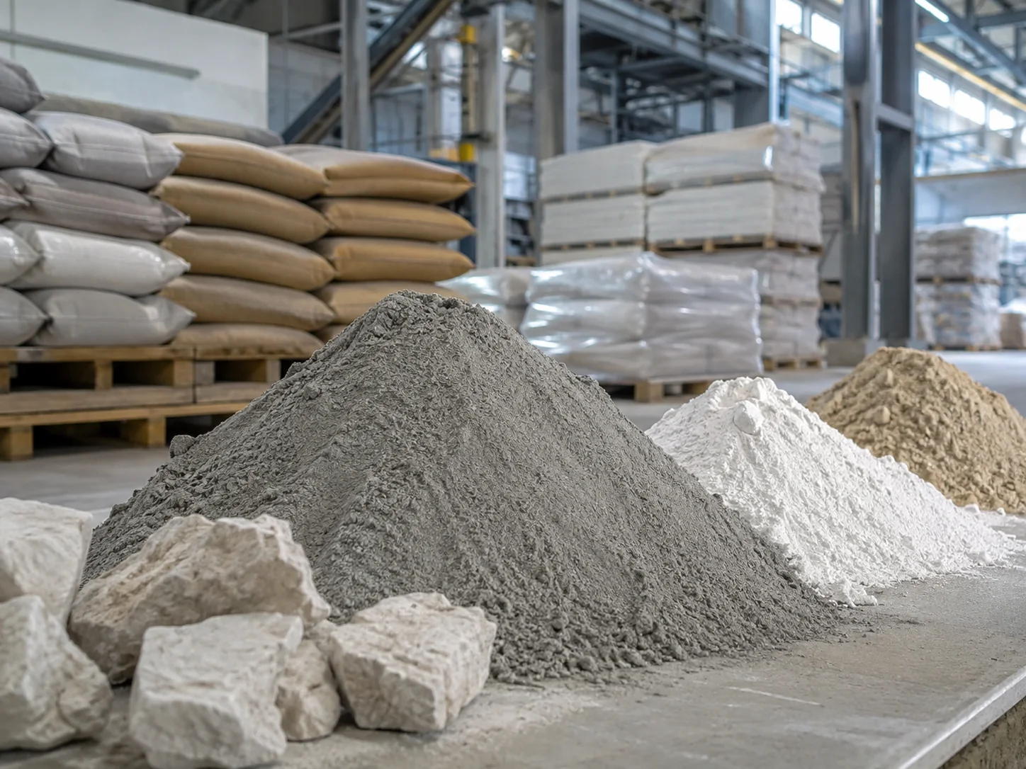 Ciment, chaux et granulats pour mortiers secs, avec sacs palettisés dans un atelier de production