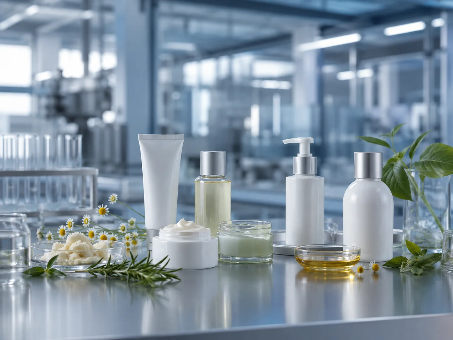 Kosmetische Cremes, Emulsionen und Öle in weißen Verpackungen, in einem Produktionslabor