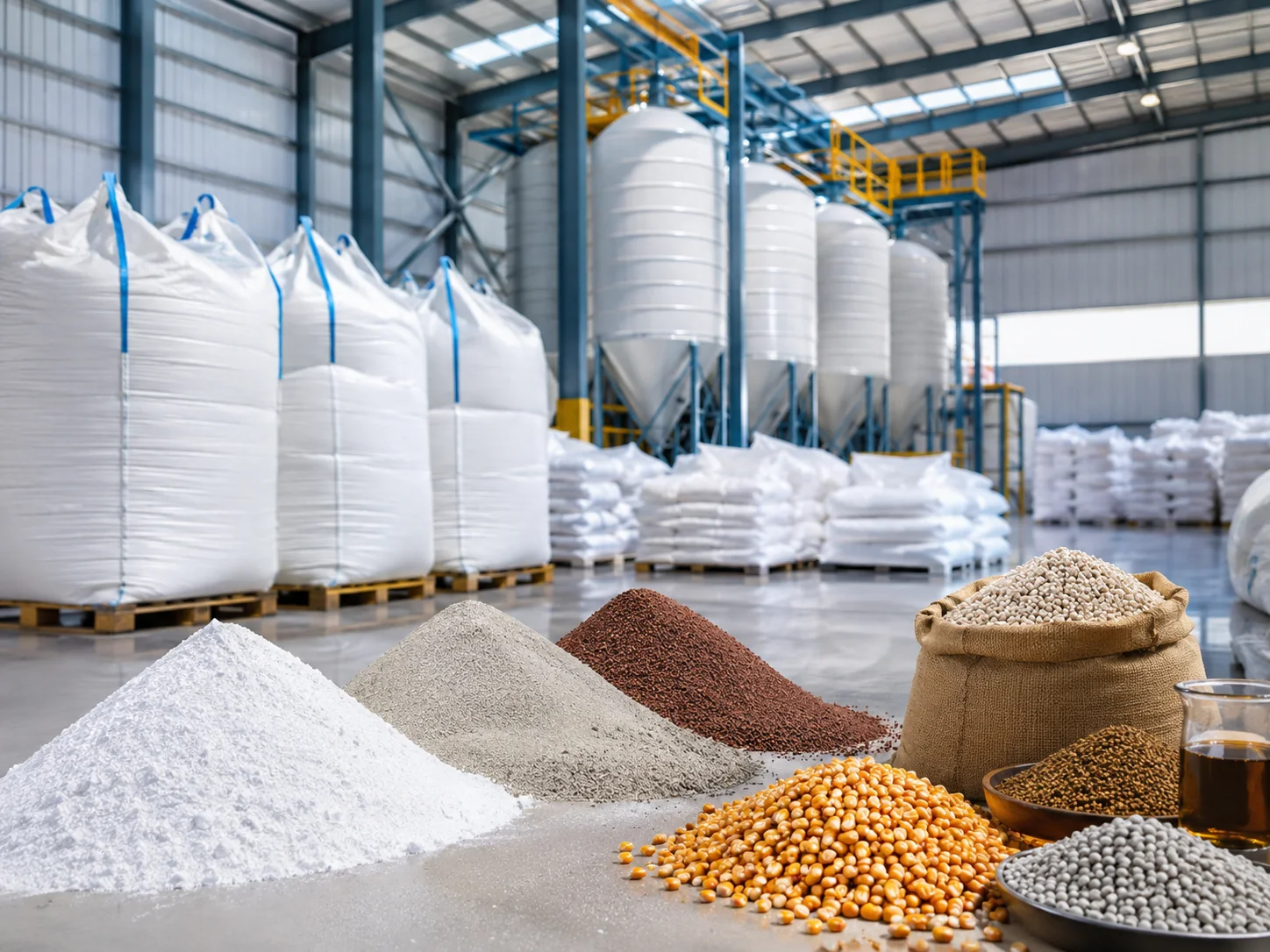 Engrais granulés et poudres, avec big bags et silos de stockage dans une usine