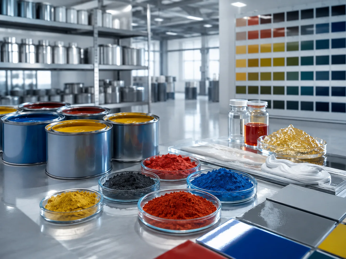 Pigmente, Farben und Harze in Metalldosen und Laborgefäßen, neben einer Farbpalette
