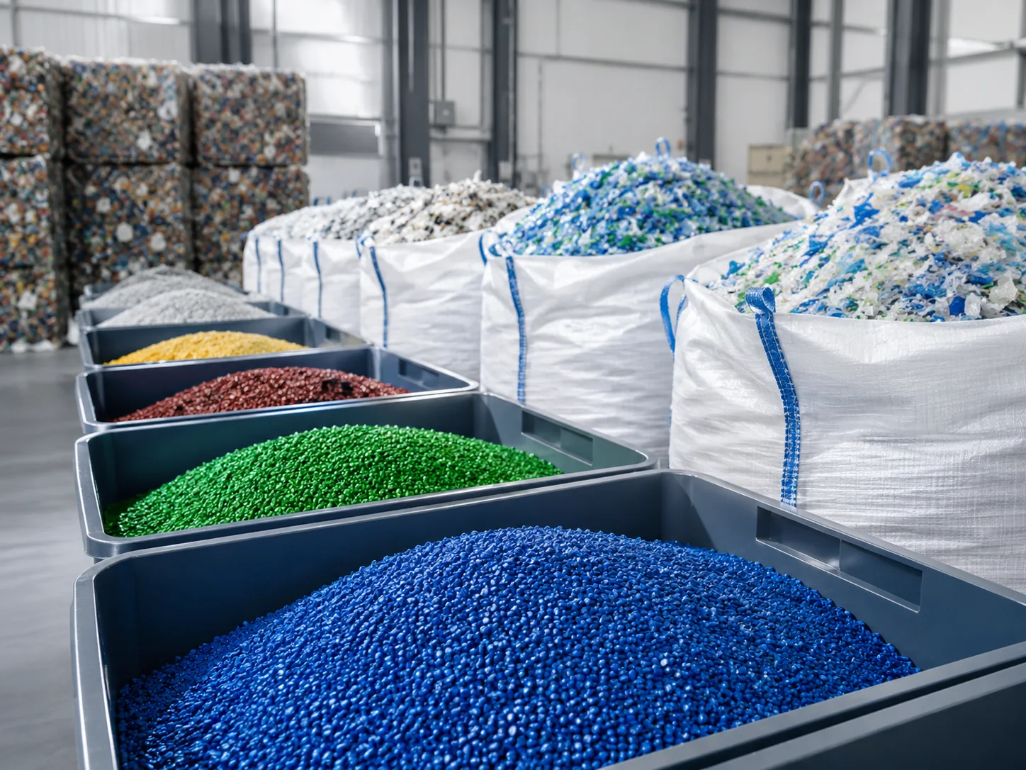 Buntes Kunststoffgranulat und Recyclingflakes in Big Bags, in einer Recyclinghalle