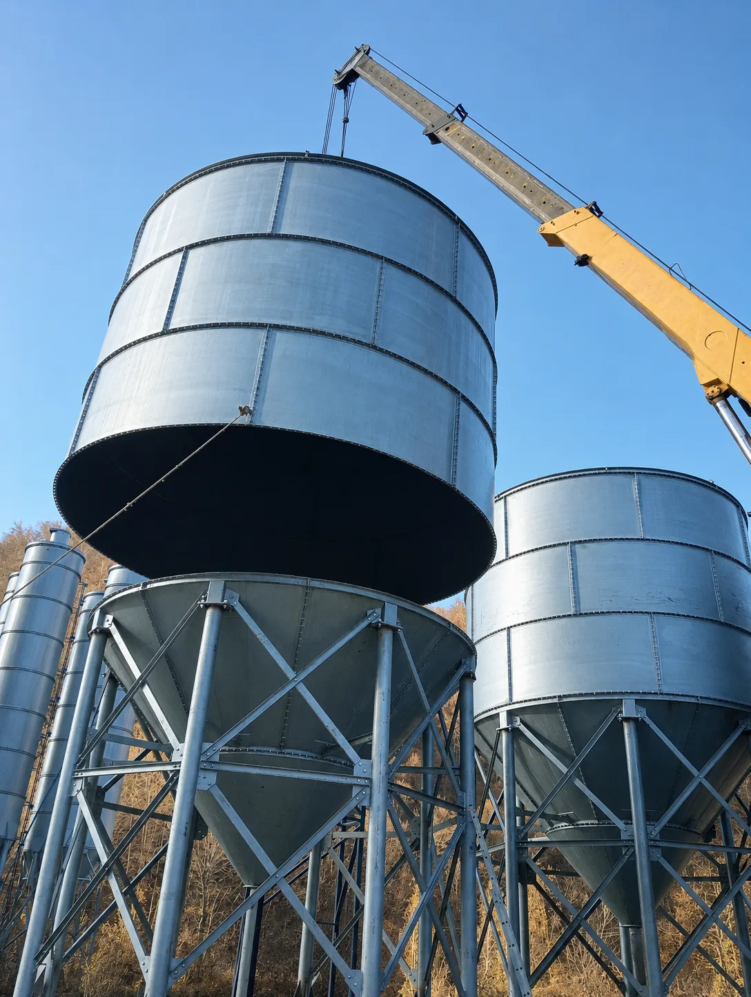 Ein Silo wird während der Montage mit dem Kran auf seine Tragkonstruktion gesetzt